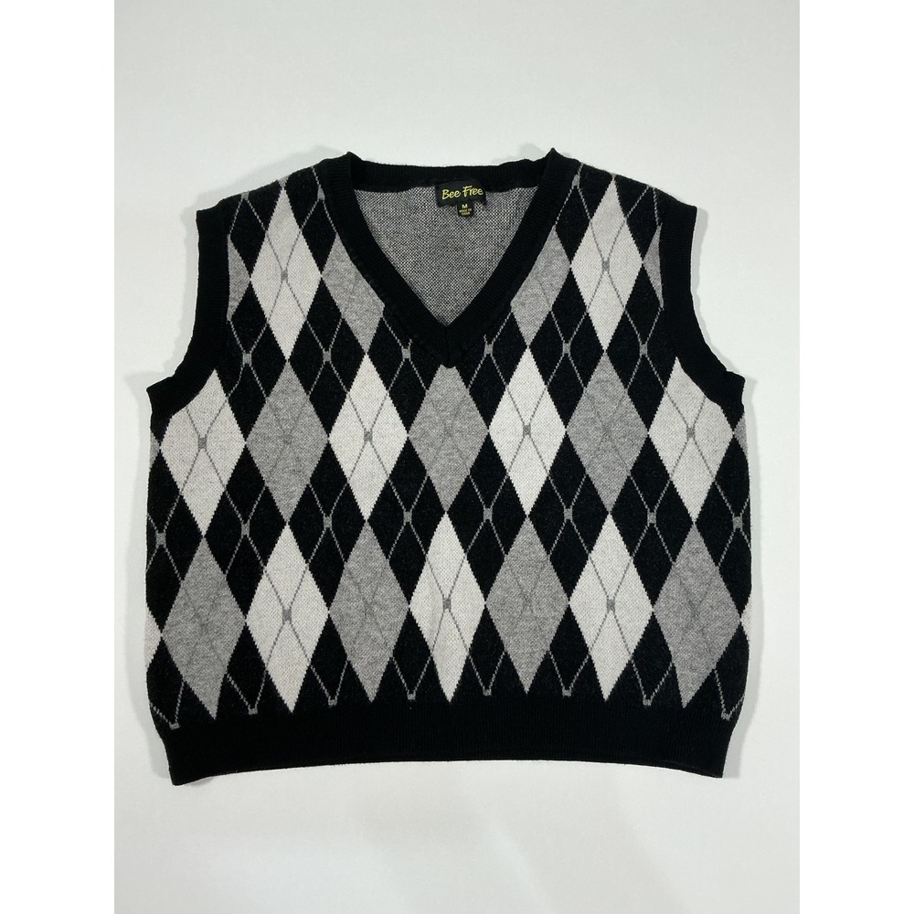 Bee Free Women's Argyle Knit Sweater Vest Black Gray White Size M